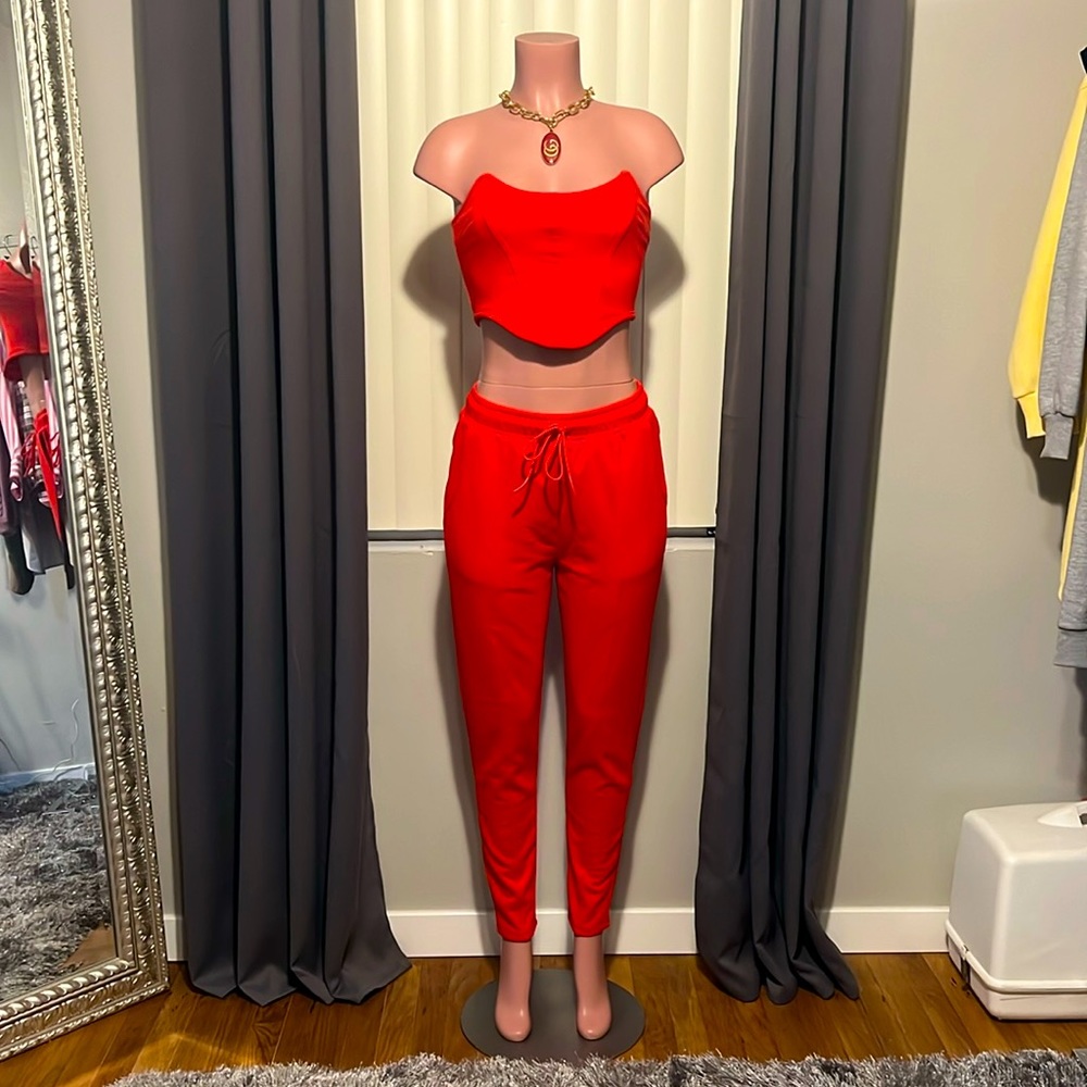 Two piece red pants set.Great quality,new,sm med lg, fast ship fr Los Angeles